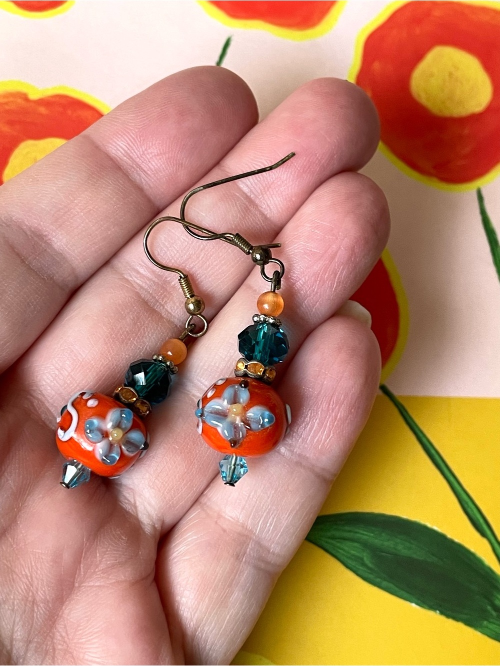 Gorgeous vintage orange lampwork glass & crystal dangle earrings boho